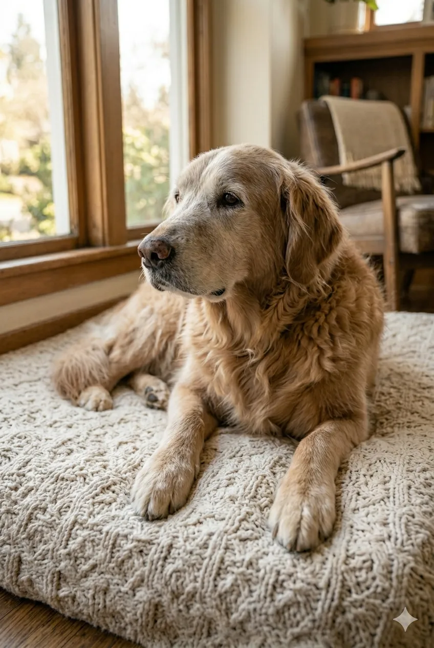 Senior golden retriever gazing out a window, resting on a blanket